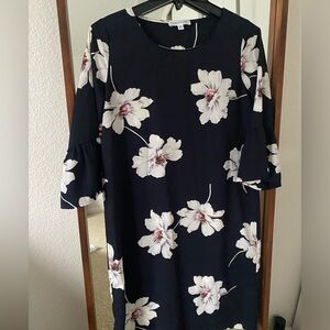 Navy blue floral print dress with pretty ruffle sleeves